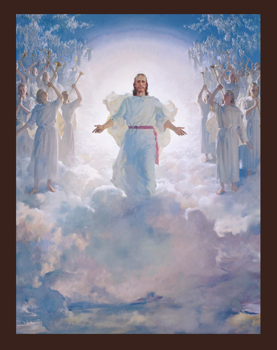 One of the last paintings by Harry Anderson depicting the Second Coming of Christ in the clouds of glory, surrounded by angels blowing trumpets.